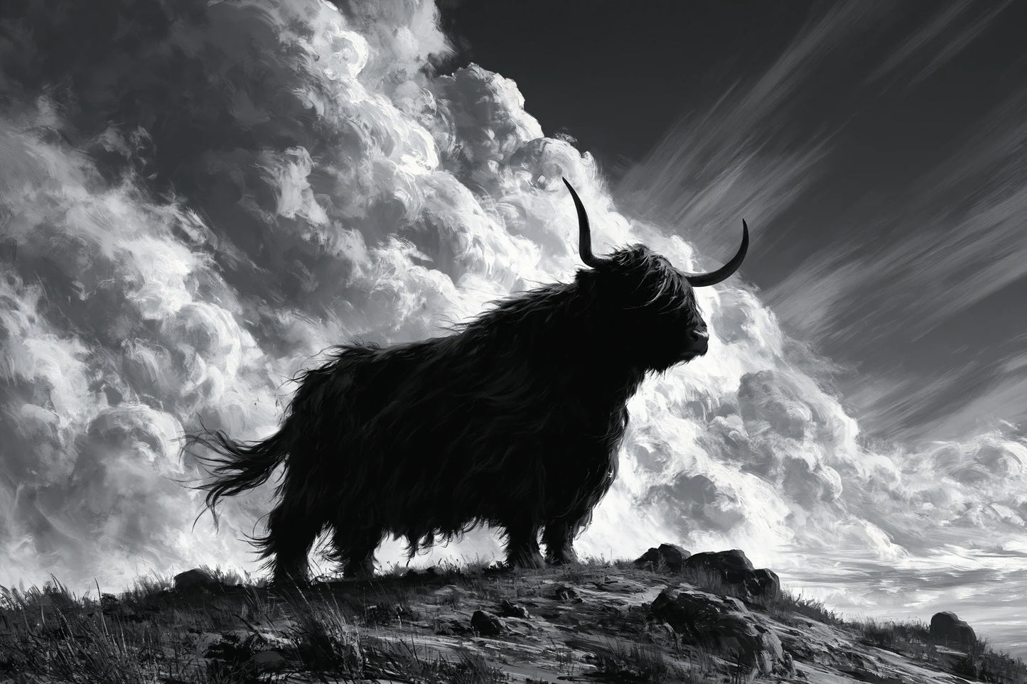 Tableau Vache Highland Noir et Blanc, le profil d’une Highland au pelage soulevé par le vent sur une crête nue, format L - Art Virtuoso