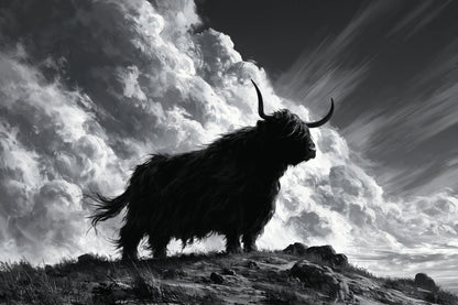Tableau Vache Highland Noir et Blanc, le profil d’une Highland au pelage soulevé par le vent sur une crête nue, format L - Art Virtuoso