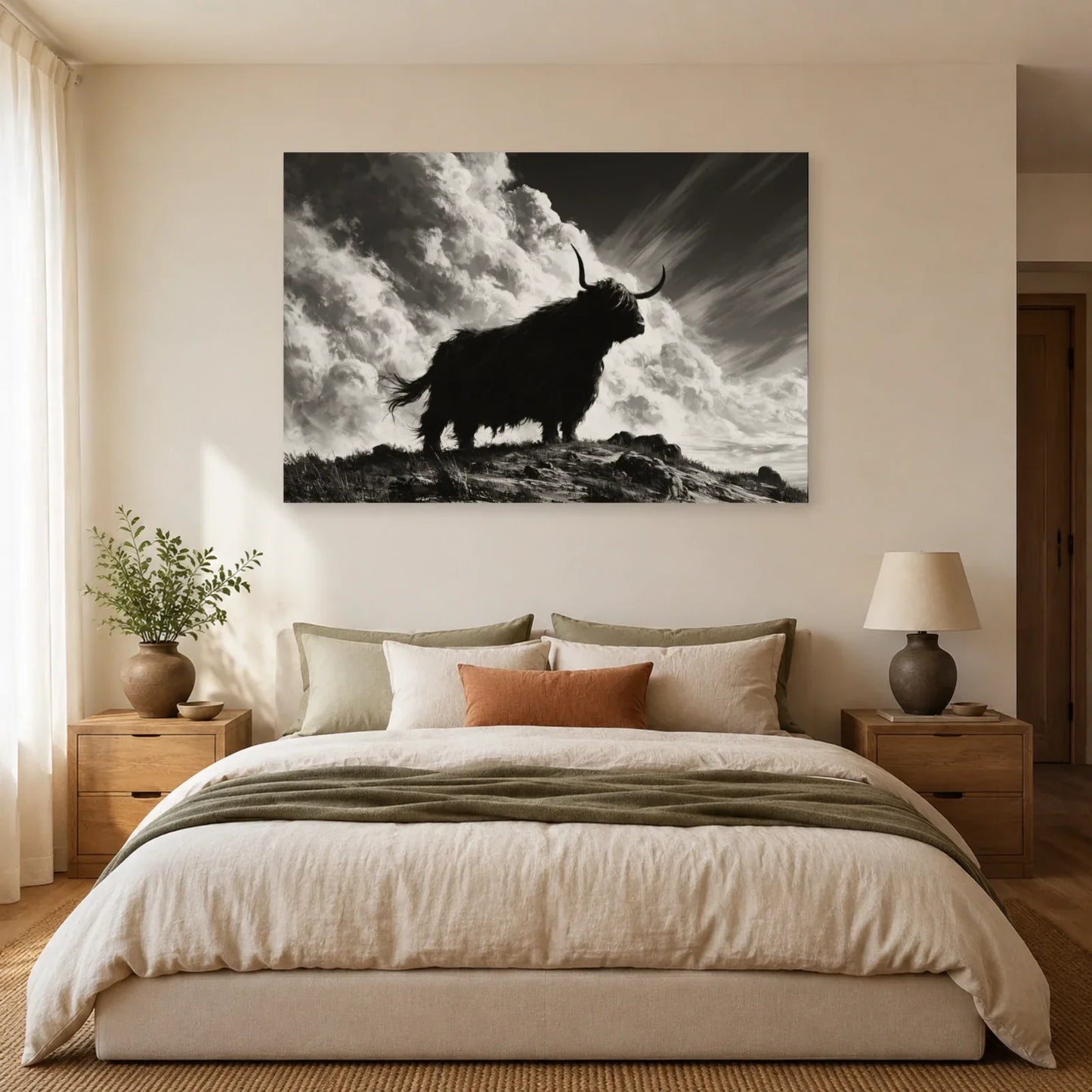 Tableau Vache Highland Noir et Blanc présenté dans une chambre - Art Virtuoso