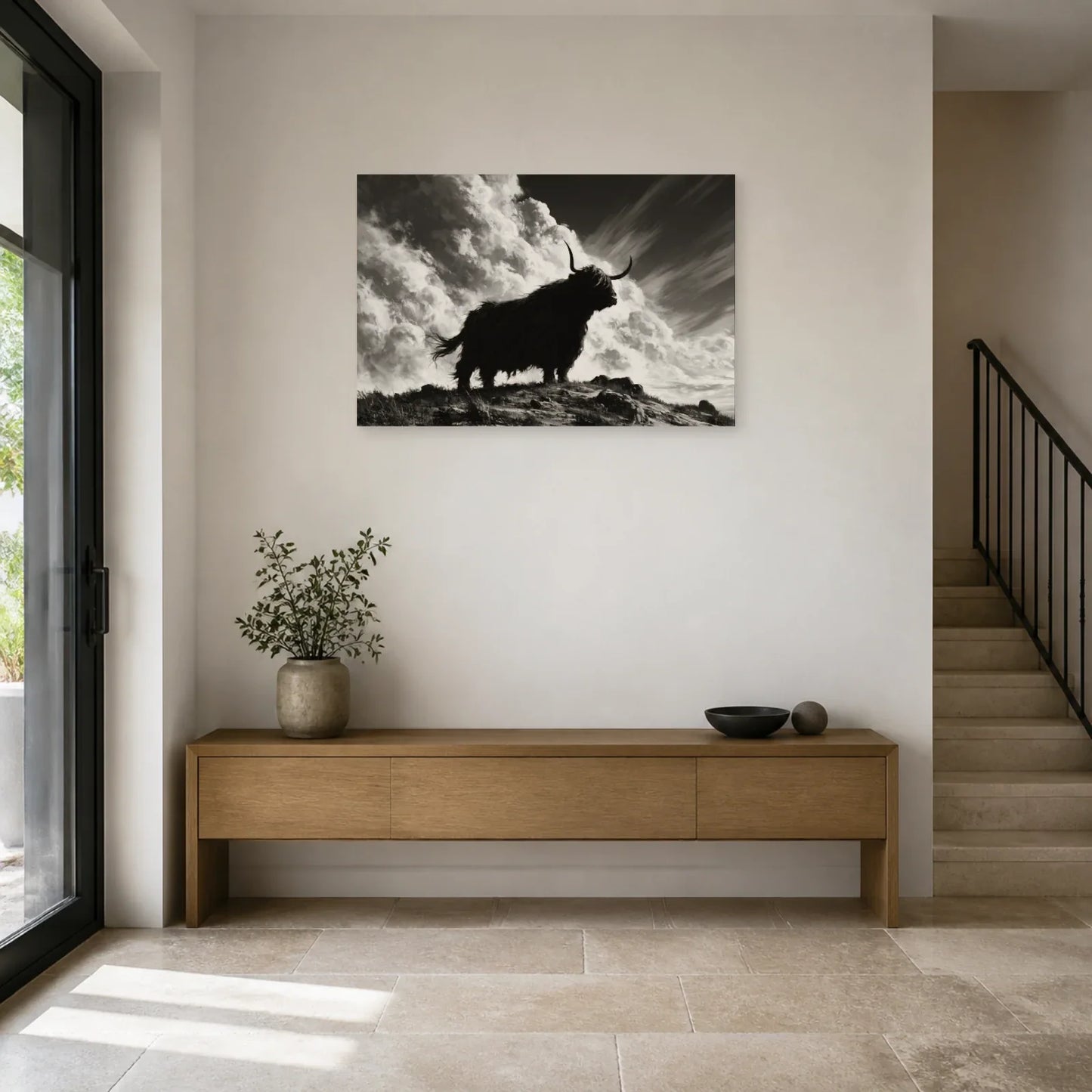 Tableau Vache Highland Noir et Blanc présenté dans une entrée - Art Virtuoso