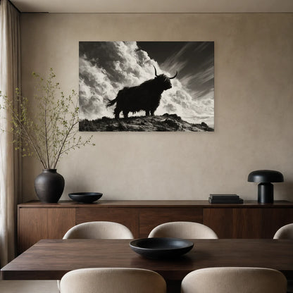 Tableau Vache Highland Noir et Blanc présenté dans une salle à manger - Art Virtuoso
