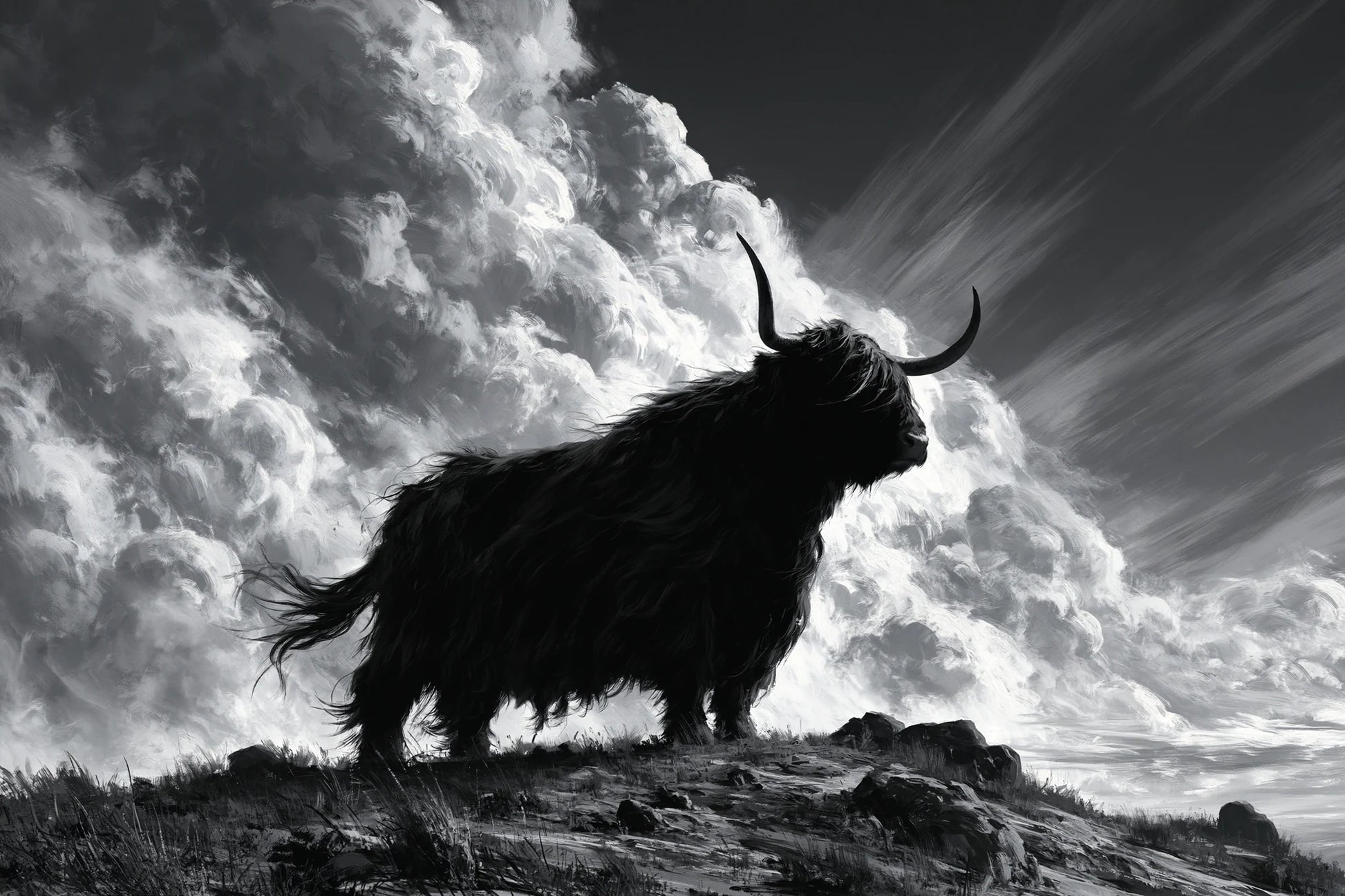 Tableau Vache Highland Noir et Blanc, le profil d’une Highland au pelage soulevé par le vent sur une crête nue, format S - Art Virtuoso