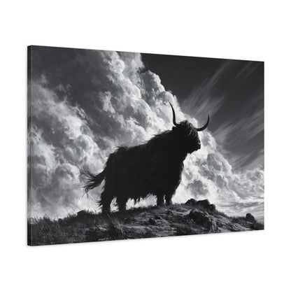 Tableau Vache Highland Noir et Blanc, vue latérale de la toile avec bords imprimés - Art Virtuoso