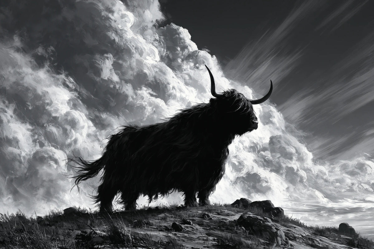 Tableau Vache Highland Noir et Blanc, le profil d’une Highland au pelage soulevé par le vent sur une crête nue, format XL - Art Virtuoso
