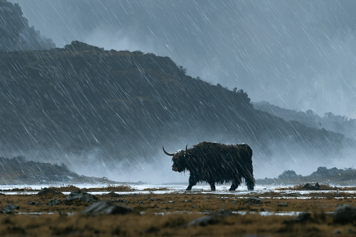 Tableau Vache Highland sous la Pluie, Highland sombre avançant dans une pluie oblique au milieu des tourbières, format M - Art Virtuoso
