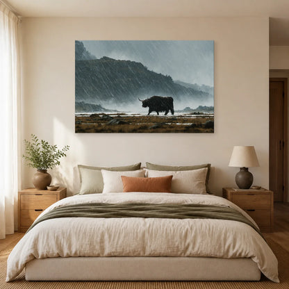Tableau Vache Highland sous la Pluie présenté dans une chambre - Art Virtuoso