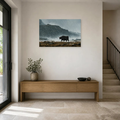 Tableau Vache Highland sous la Pluie présenté dans une entrée - Art Virtuoso