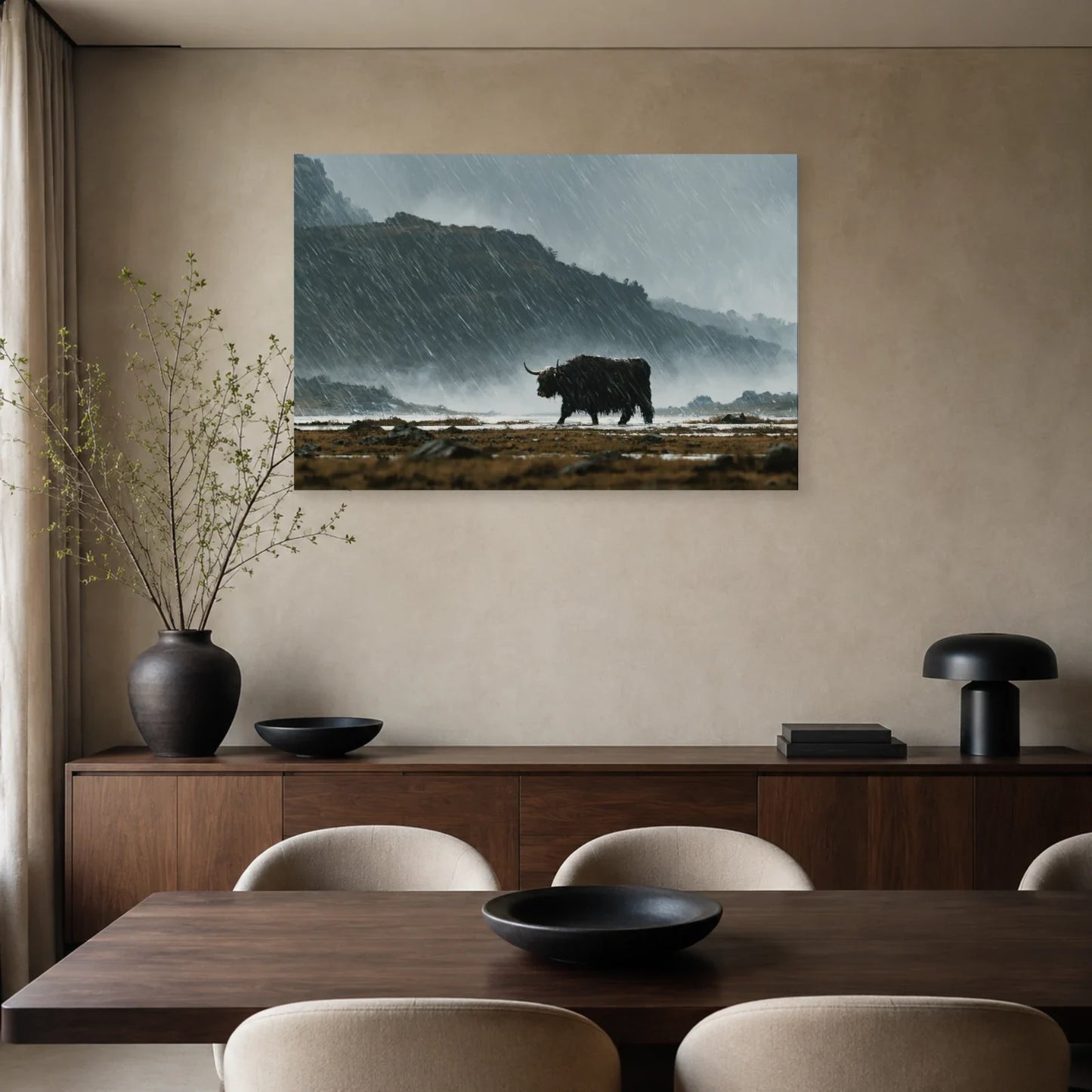 Tableau Vache Highland sous la Pluie présenté dans une salle à manger - Art Virtuoso