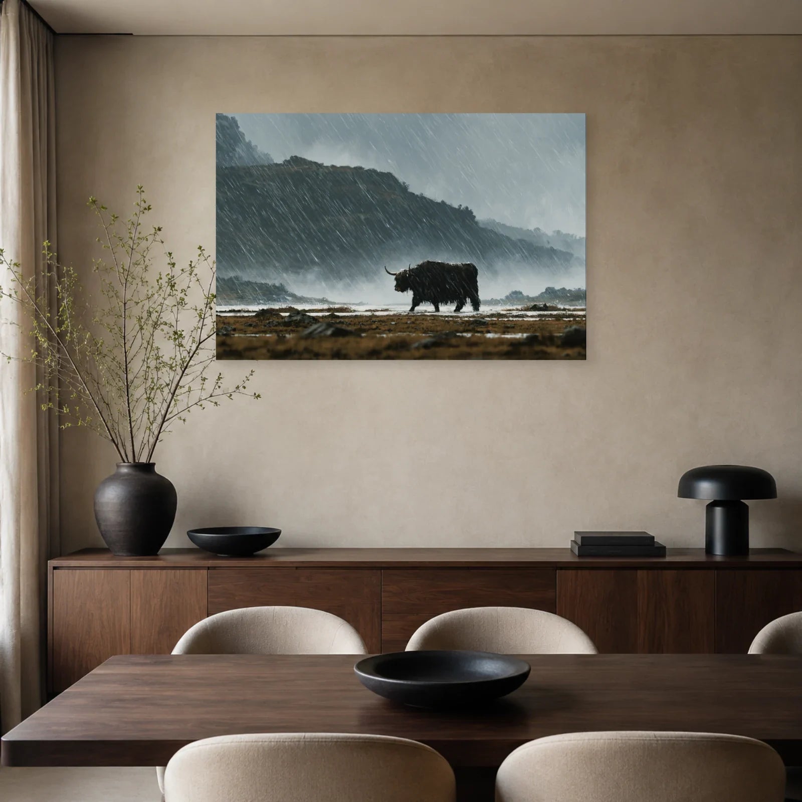 Tableau Vache Highland sous la Pluie présenté dans une salle à manger - Art Virtuoso