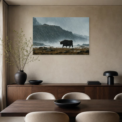 Tableau Vache Highland sous la Pluie présenté dans une salle à manger - Art Virtuoso