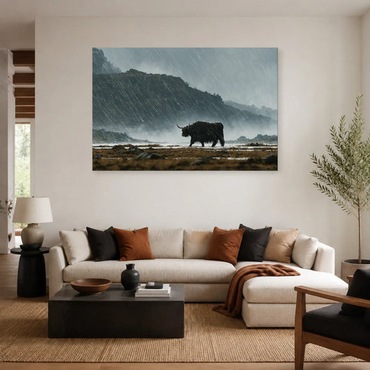 Tableau Vache Highland sous la Pluie présenté dans un salon - Art Virtuoso