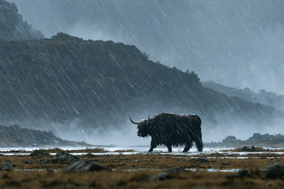 Tableau Vache Highland sous la Pluie, Highland sombre avançant dans une pluie oblique au milieu des tourbières, format XL - Art Virtuoso