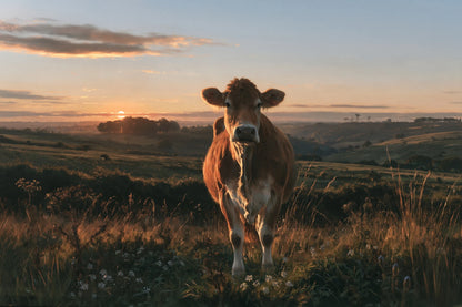 Tableau Vache Limousine, Limousine rousse qui se détache dans une prairie vallonnée au couchant, format XL - Art Virtuoso