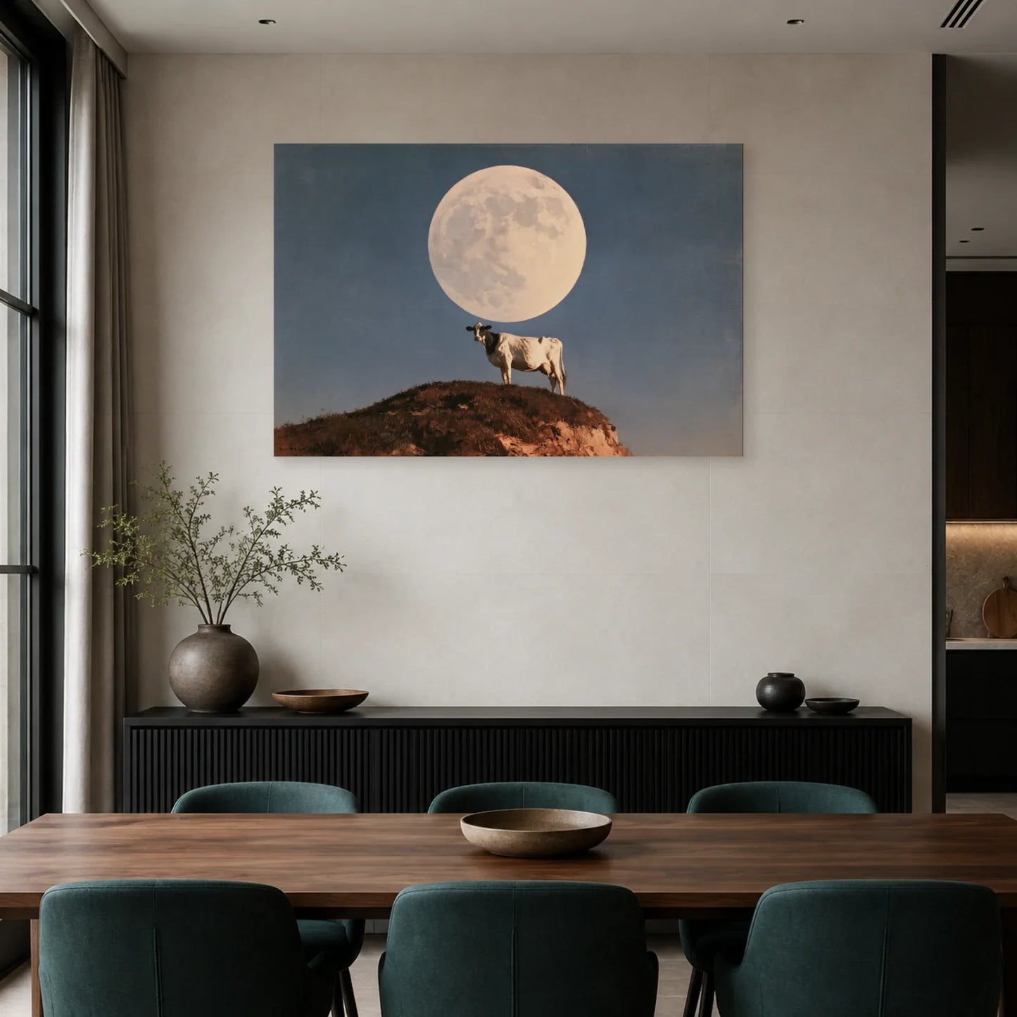 Tableau Vache sous la Lune présenté dans une salle à manger - Art Virtuoso