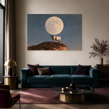 Tableau Vache sous la Lune présenté dans un salon - Art Virtuoso
