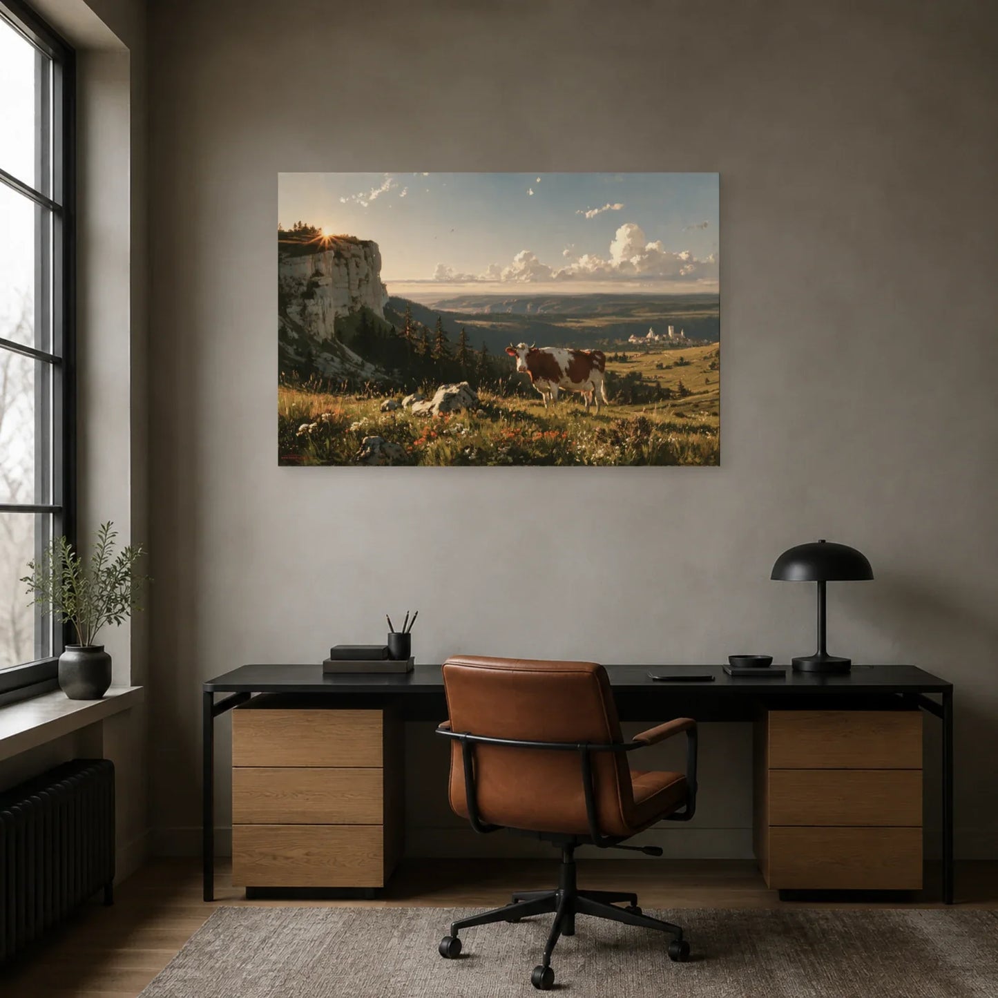 Tableau Vache Montbéliarde présenté dans un bureau - Art Virtuoso