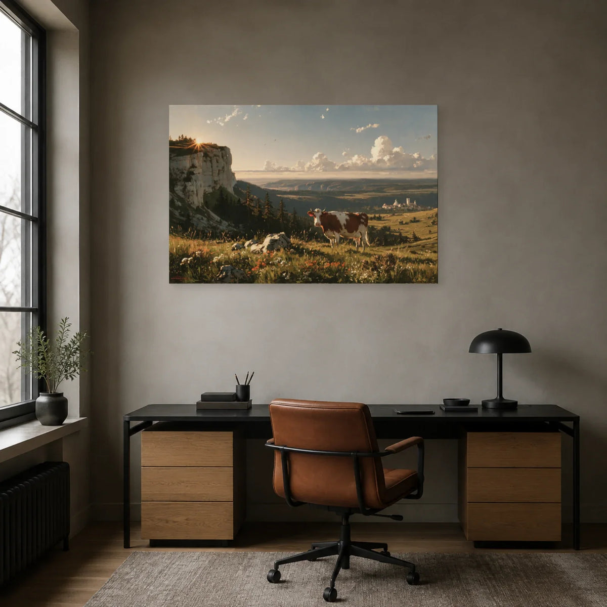Tableau Vache Montbéliarde présenté dans un bureau - Art Virtuoso
