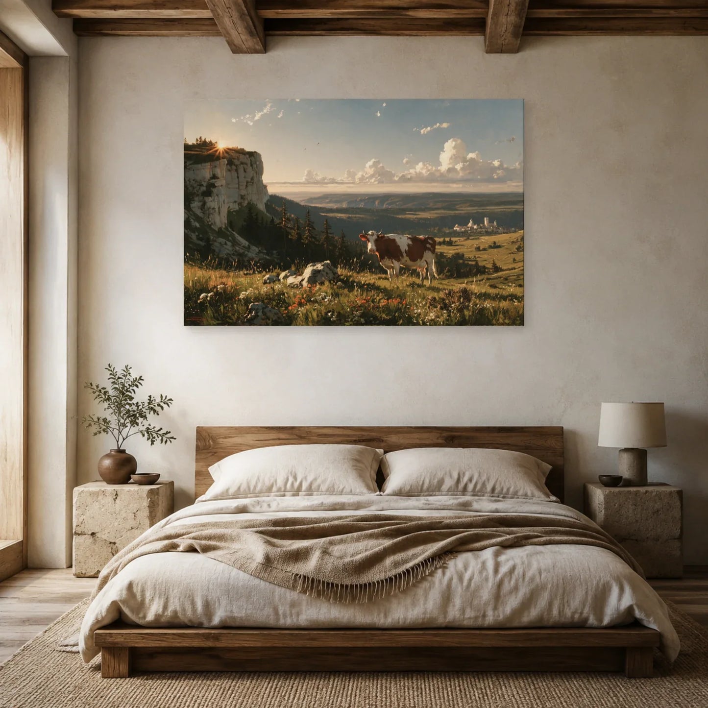 Tableau Vache Montbéliarde présenté dans une chambre - Art Virtuoso