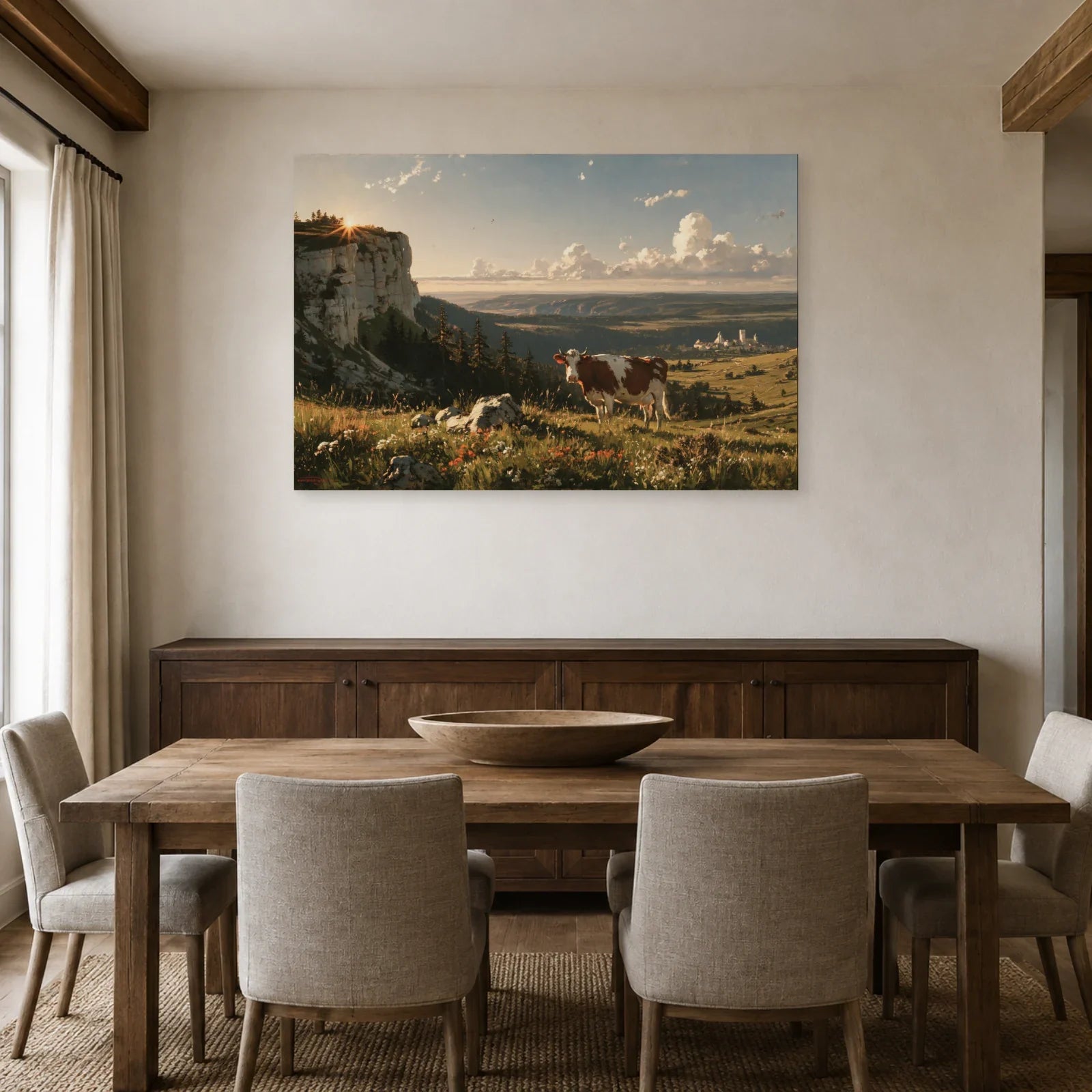 Tableau Vache Montbéliarde présenté dans une salle à manger - Art Virtuoso