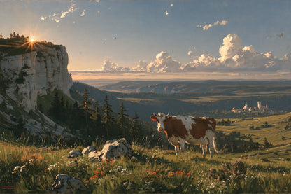Tableau Vache Montbéliarde, Montbéliarde rouge et blanche dans un paysage jurassien ouvert, format S - Art Virtuoso