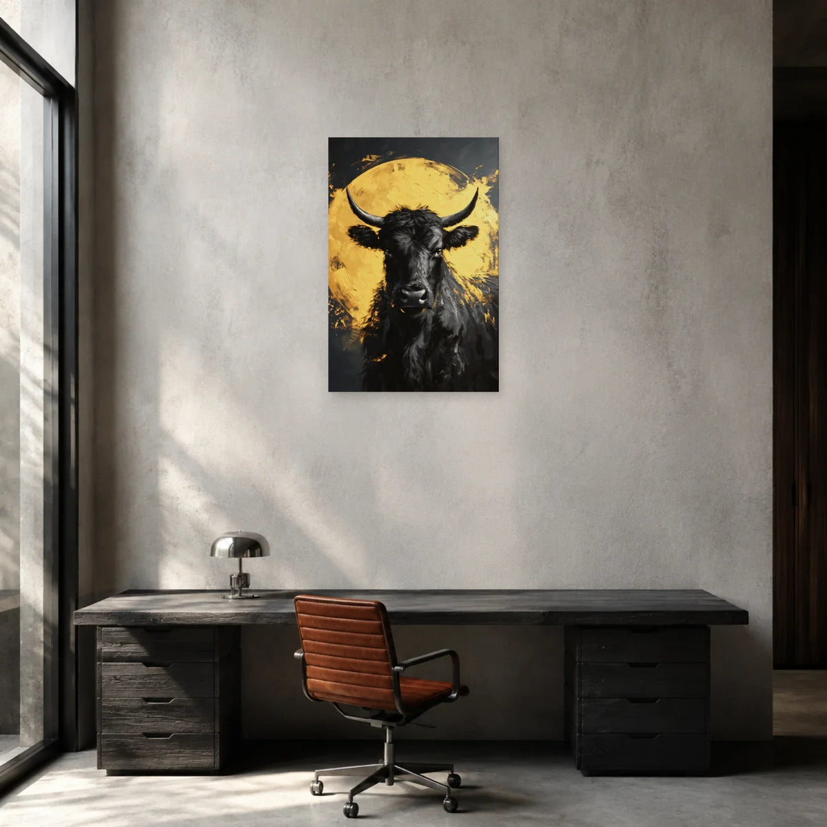 Tableau Vache Noir et Or présenté dans un bureau - Art Virtuoso