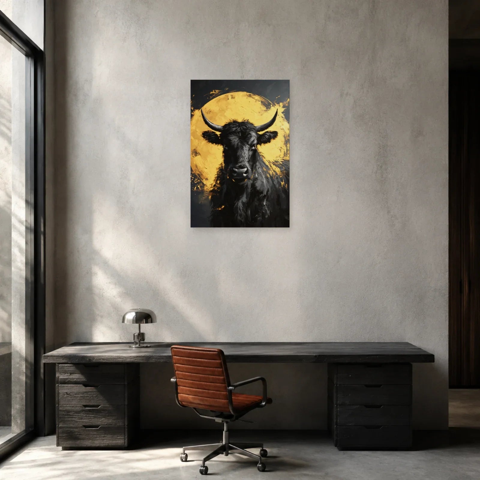 Tableau Vache Noir et Or présenté dans un bureau - Art Virtuoso