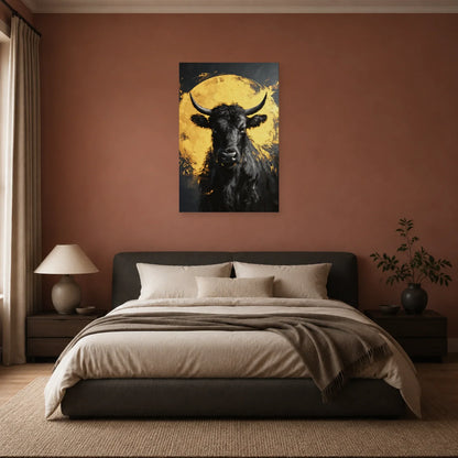 Tableau Vache Noir et Or présenté dans une chambre - Art Virtuoso