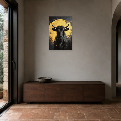 Tableau Vache Noir et Or présenté dans une entrée - Art Virtuoso