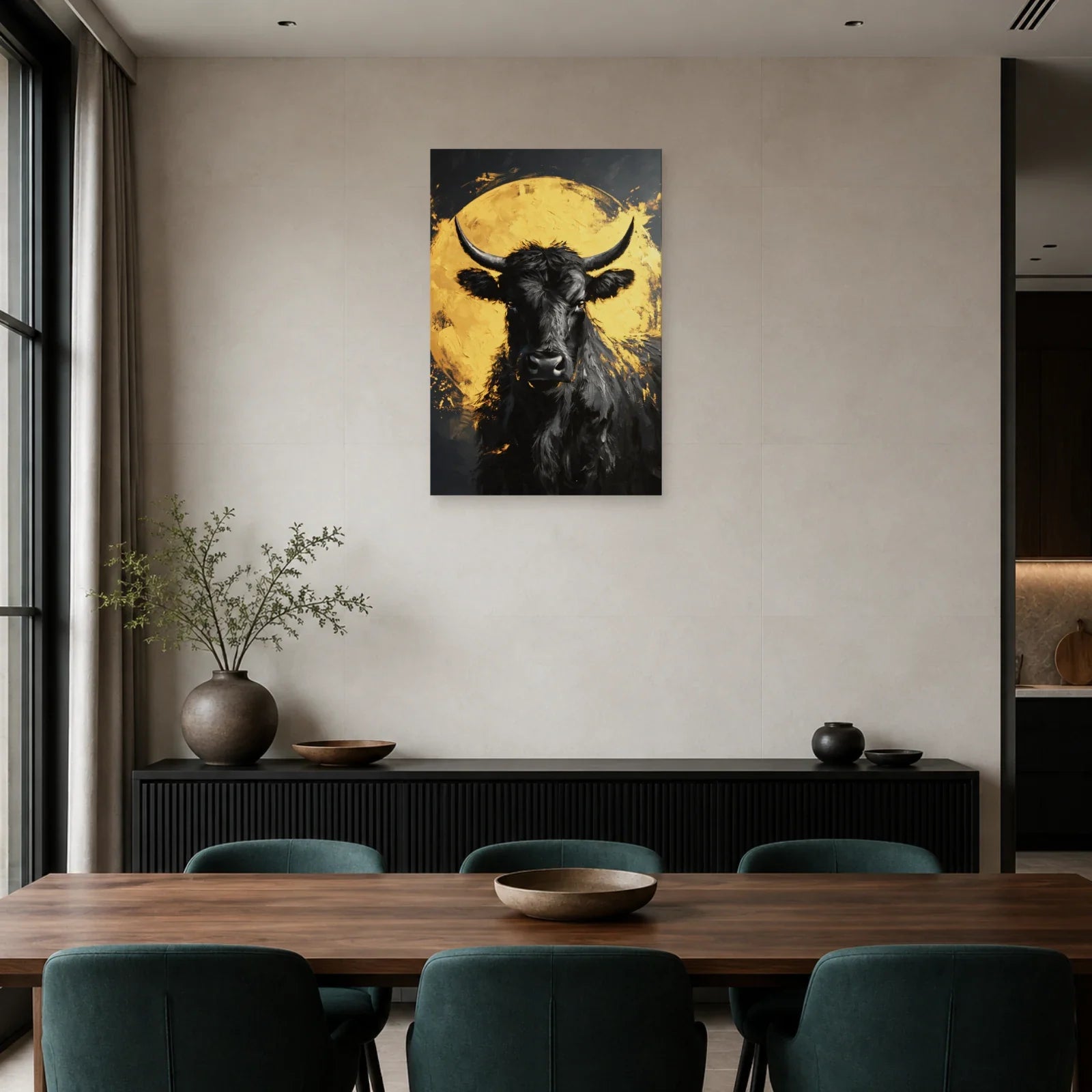 Tableau Vache Noir et Or présenté dans une salle à manger - Art Virtuoso