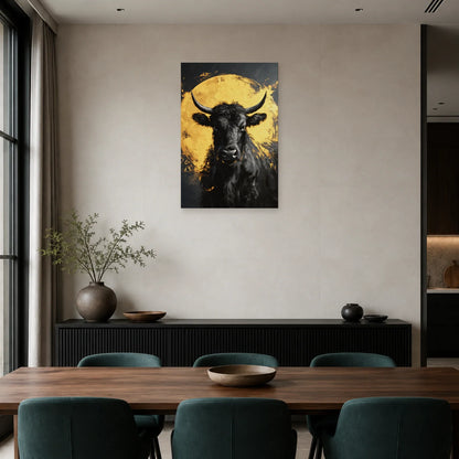 Tableau Vache Noir et Or présenté dans une salle à manger - Art Virtuoso