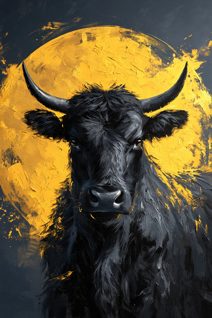Tableau Vache Noir et Or, tete de vache noire devant un disque or imprimé aux contours irréguliers, format S - Art Virtuoso