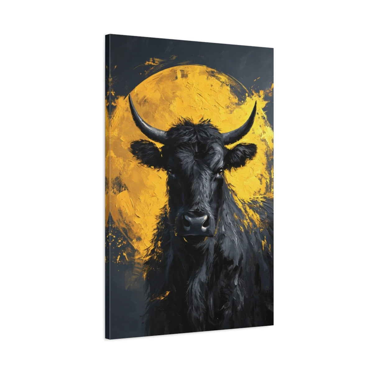 Tableau Vache Noir et Or, vue latérale de la toile avec bords imprimés - Art Virtuoso