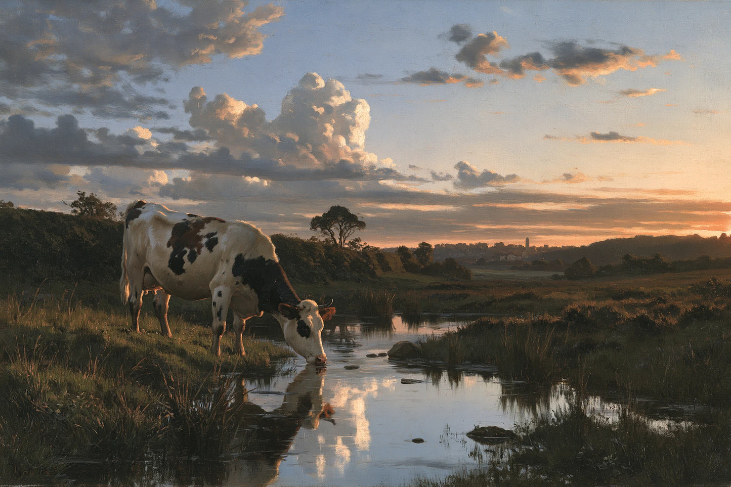 Tableau Vache Normande dans le Bocage, vache normande paissant près d’un ruisseau dans un bocage humide, format M - Art Virtuoso