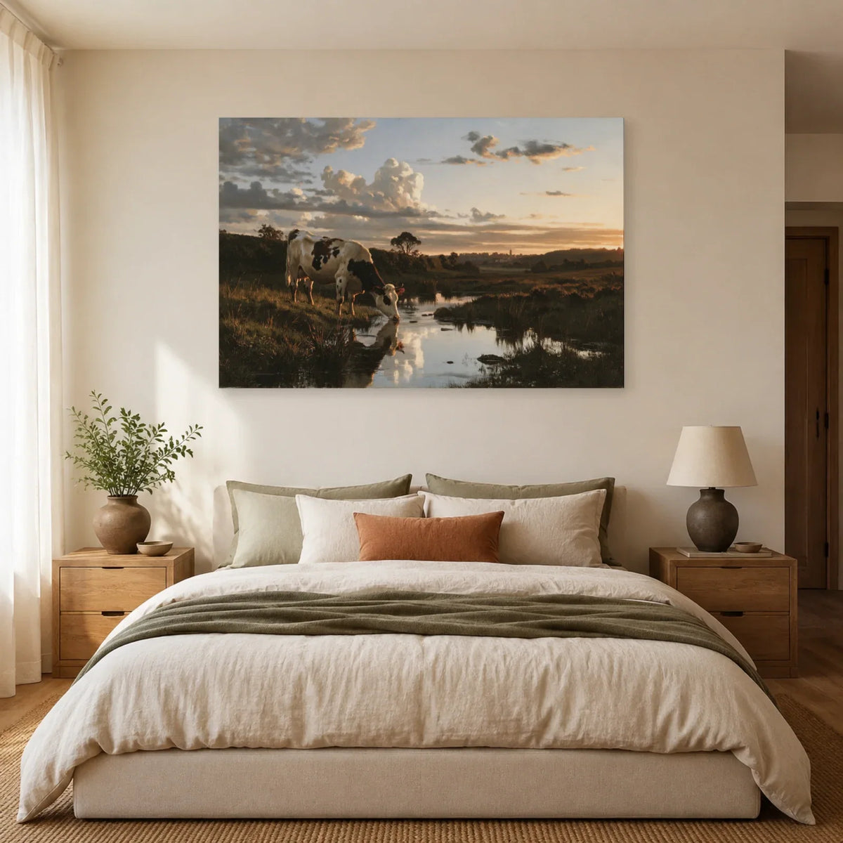 Tableau Vache Normande dans le Bocage présenté dans une chambre - Art Virtuoso