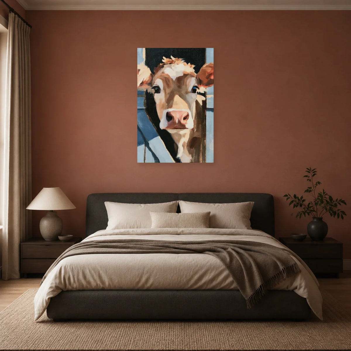 Tableau Vache à la Porte de l’Étable présenté dans une chambre - Art Virtuoso