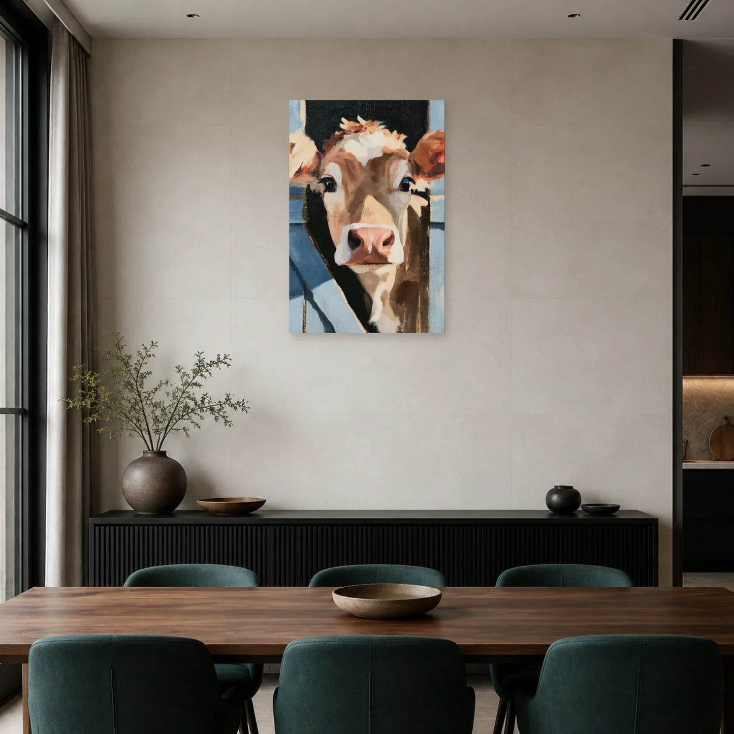 Tableau Vache à la Porte de l’Étable présenté dans une salle à manger - Art Virtuoso
