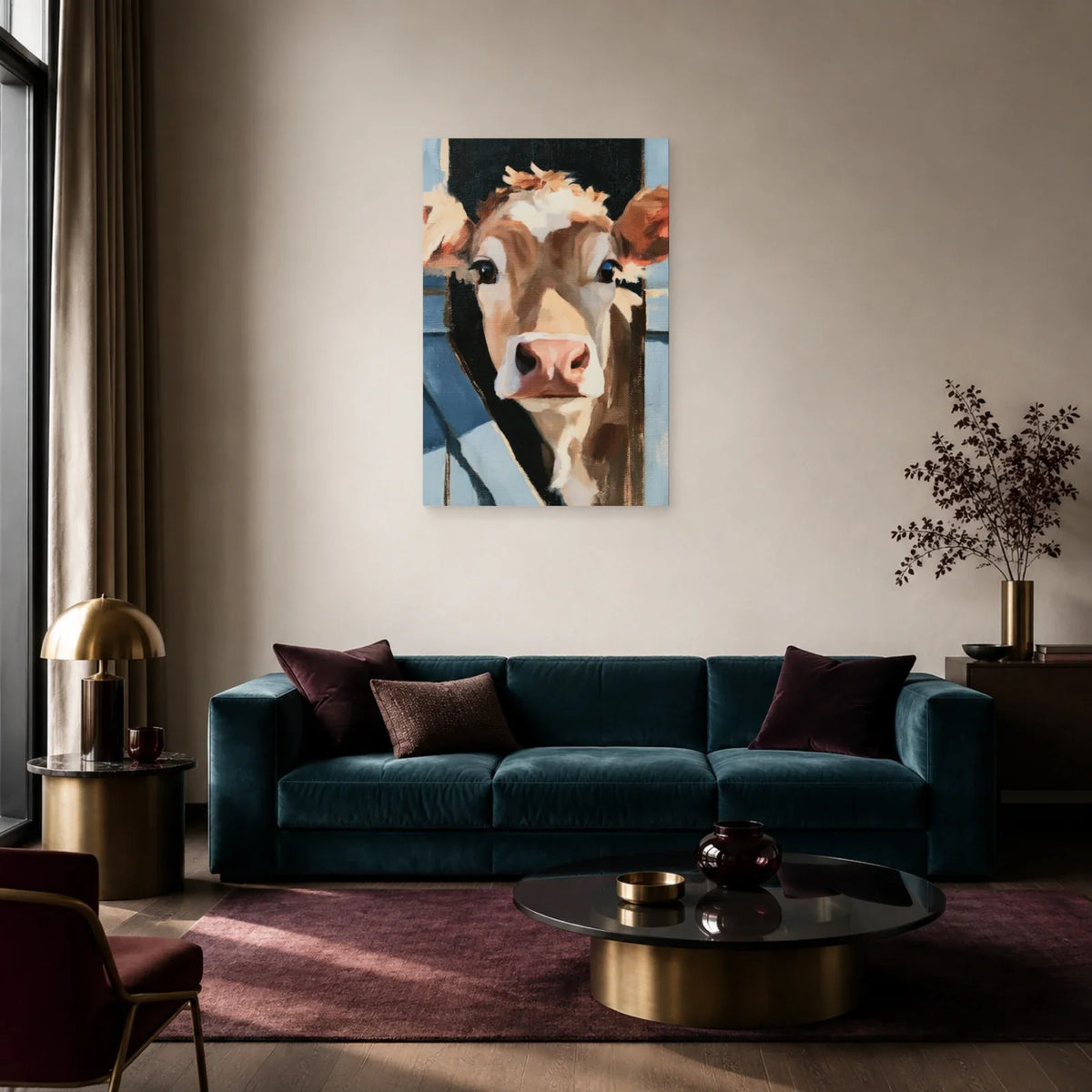 Tableau Vache à la Porte de l’Étable présenté dans un salon - Art Virtuoso