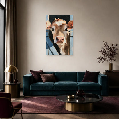 Tableau Vache à la Porte de l’Étable présenté dans un salon - Art Virtuoso