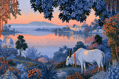 Tableau Vache Sacrée en Inde, vache zébu blanche au bord d’un large fleuve dans la brume du matin, format M - Art Virtuoso
