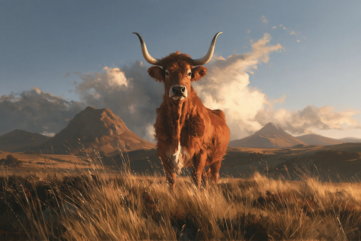 Tableau Vache Salers, Salers acajou aux longues cornes en lyre sur un plateau volcanique, format M - Art Virtuoso