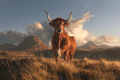 Tableau Vache Salers, Salers acajou aux longues cornes en lyre sur un plateau volcanique, format M - Art Virtuoso