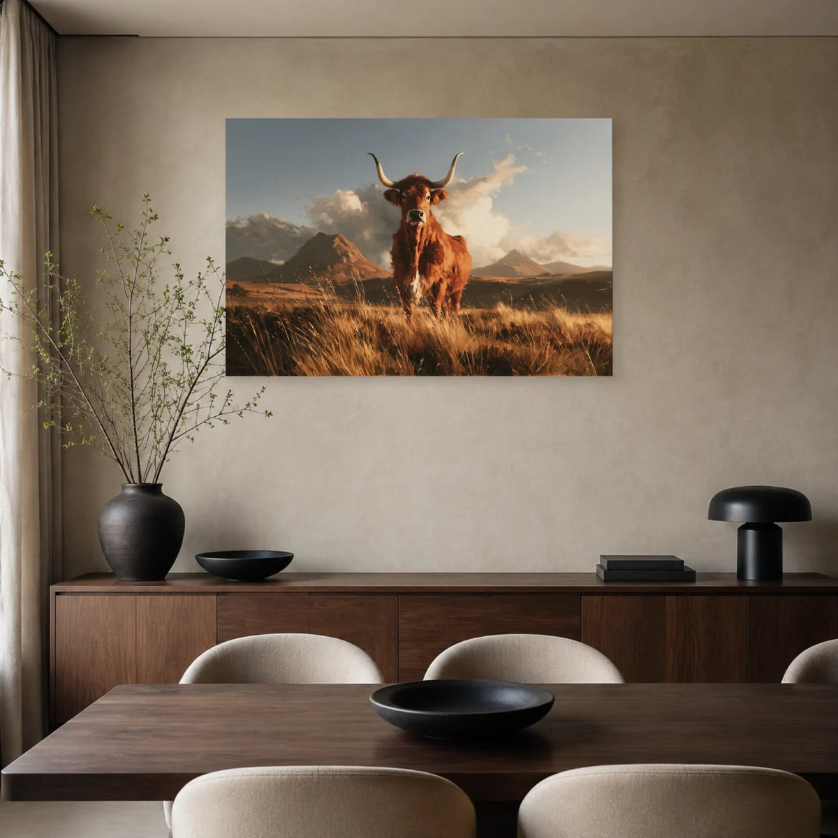 Tableau Vache Salers présenté dans une salle à manger - Art Virtuoso