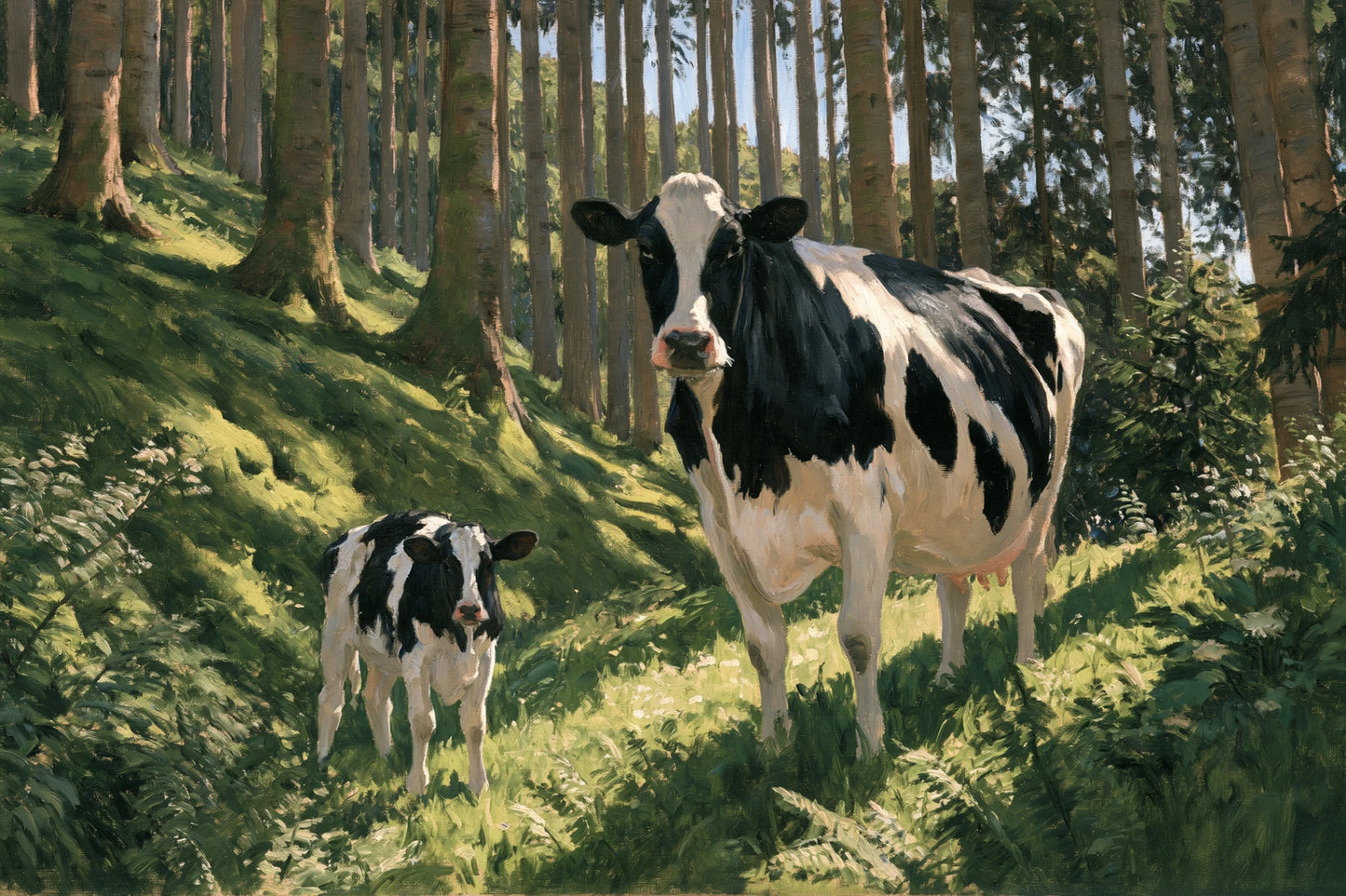Tableau Vache et Veau dans les Bois, vache et son veau traversant un sous-bois de bouleaux, format M - Art Virtuoso