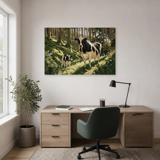 Tableau Vache et Veau dans les Bois présenté dans un bureau - Art Virtuoso