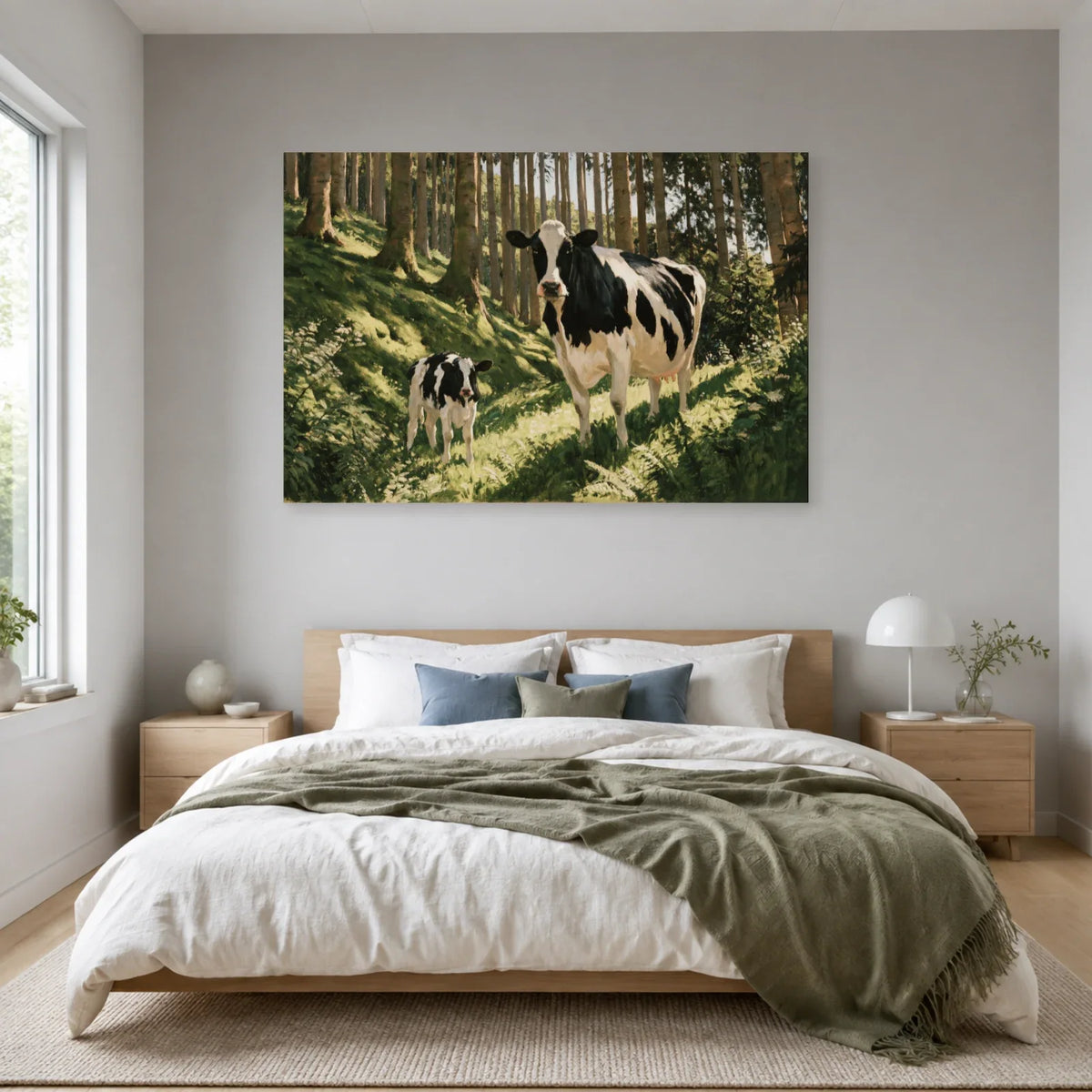 Tableau Vache et Veau dans les Bois présenté dans une chambre - Art Virtuoso