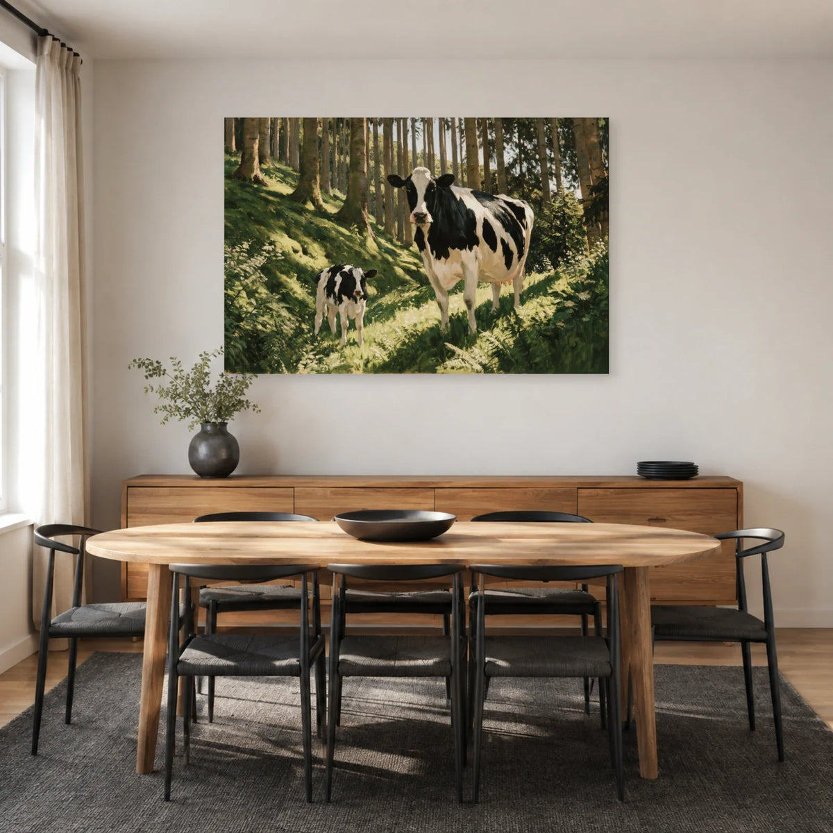 Tableau Vache et Veau dans les Bois présenté dans une salle à manger - Art Virtuoso