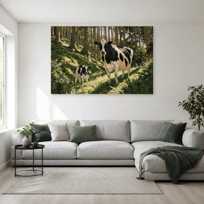 Tableau Vache et Veau dans les Bois présenté dans un salon - Art Virtuoso