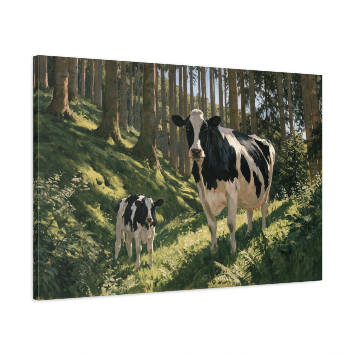 Tableau Vache et Veau dans les Bois, vue latérale de la toile avec bords imprimés - Art Virtuoso