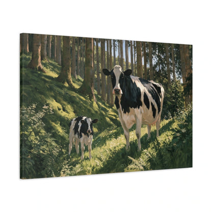 Tableau Vache et Veau dans les Bois, vue latérale de la toile avec bords imprimés - Art Virtuoso