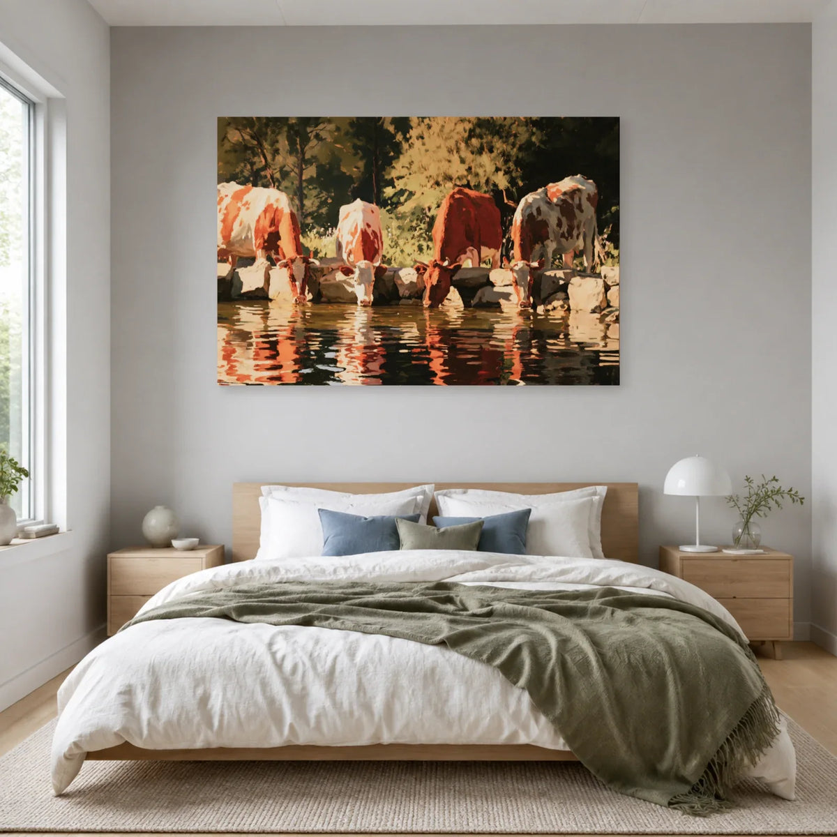 Tableau Vaches à l’Abreuvoir présenté dans une chambre - Art Virtuoso